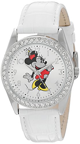 Disney Minnie Mouse 여성 실버 Alloy Glitz Watch White 가죽 Strap W002764
