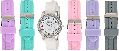 XOXO 여성 Analog Watch Silver-Tone 케이스 Crystal-In 세트 Bezel 7 Interchangeable Bands Included - Official Woman Silicone Buckle Straps Model XO9069