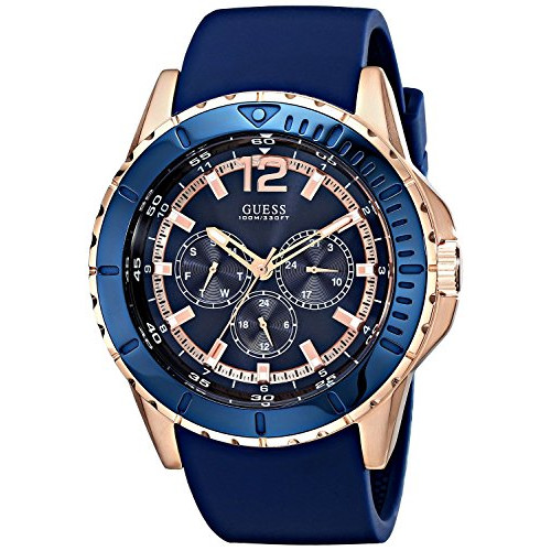 게스 GUESS Men U0485G1 Comfortable Rose Gold-Tone & 블루 Silicone Multi-Function Watch 남성 손목시계