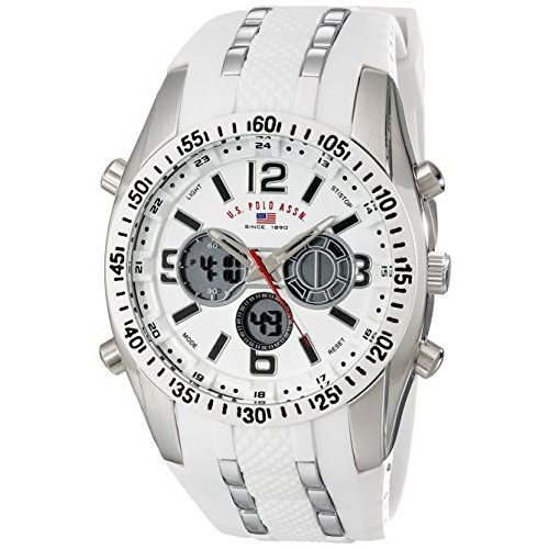 U.S. Polo Assn. 스포츠 Men US9282 Silver-Tone Watch White Silicone Band