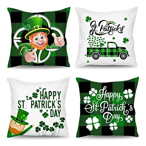 iMucci St Patricks Day Pillow Covers 18x18 Set of 4 Green Clover Plaid Lucky Truck Holiday Throw Pillow Case St Patricks Day Decorations Spring Pillow Covers for Home Room Sofa Car