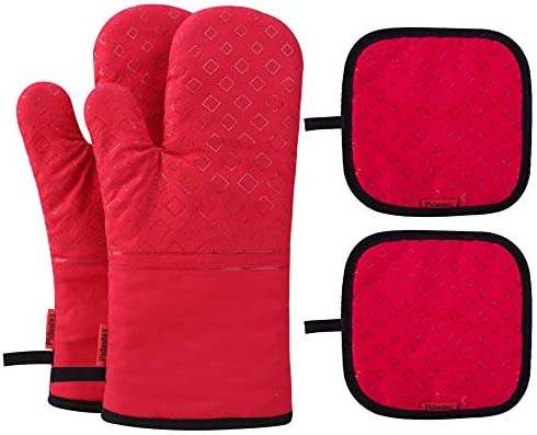 Piduules 세트 4 Oven Mitts Pot Holders 482 F 히트 Resistant Hot 플레이트 Moving Non-Slip Gloves BBQ Grill Baking Cooking Microwave Gray