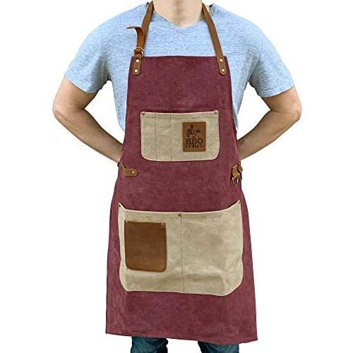 BBQ Butler Grill Apron - 조절되는 Canvas Cooking Smoker Pockets 프로페셔널 Genuine 가죽 Accents