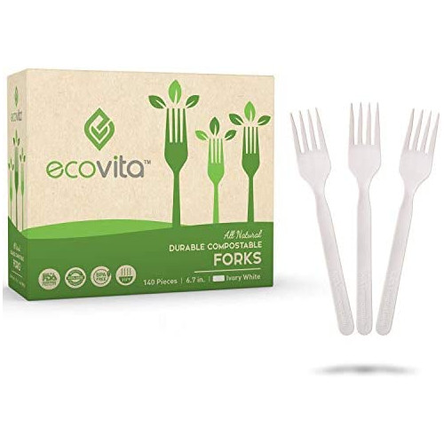 100% Compostable Forks - 140 Large Disposable Utensils 7 in. Eco Friendly Durable 히트 Resistant Alternative Plastic Convenient Tray Ecovita