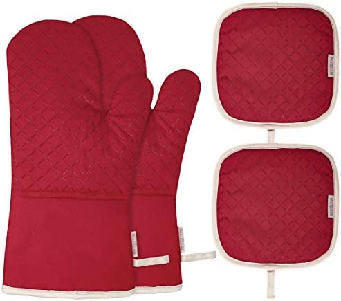 BESTONZON 4PCS 히트 Resistant Oven Mitts Pot Holders 소프트 Cotton Lining Non-Slip Surface Safe BBQ Cooking Baking Grilling Black