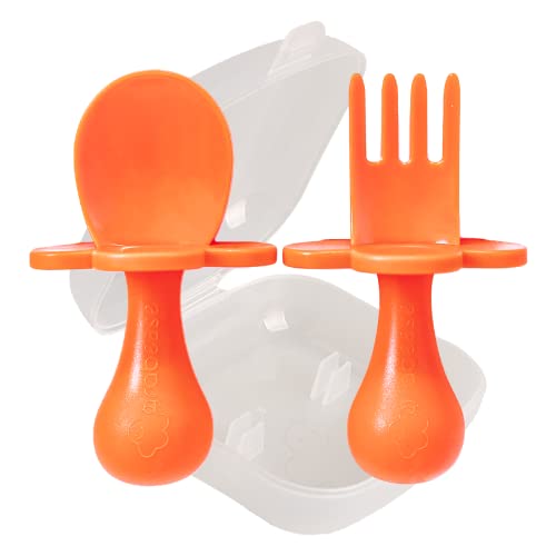 GRABEASE First Training Self Feed Baby Utensils &ndash Anti-Choke BPA-Free Spoon Fork Toddler Pouch 세트 Silverware Led Weaning Ages 6 Months+ 라벤더