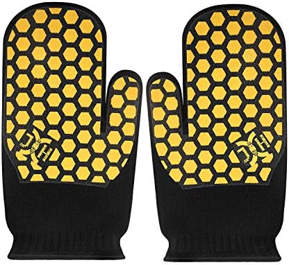 JH H01301 히트 Resistant Oven GlovesEN407 Certified Withstand 932 &degF Double Layers Silicone Coating BBQ Gloves & Mitts Cooking Kitchen Baking Fireplace Grilling 1 Pair Standard Cuff