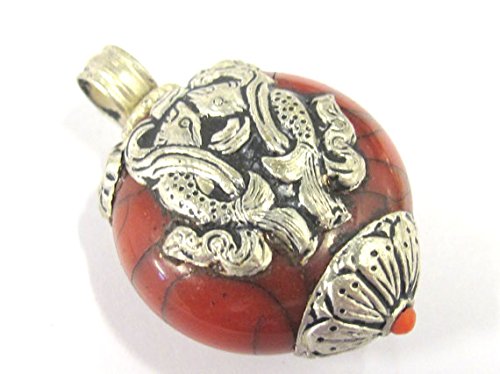 1 Pendant - Reversible Tibetan 실버 double fish symbol red crackle resin pendant from Nepal PM396
