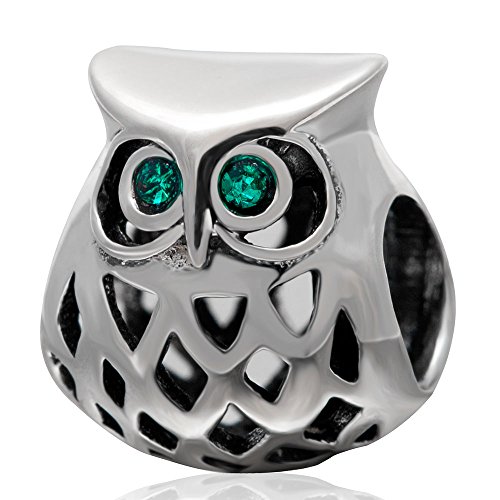 Genuine 925 Sterling 실버 그린 Eye Wise Owl Emerald Thread Charm Bead Fit DIY Bracelet Jewelry