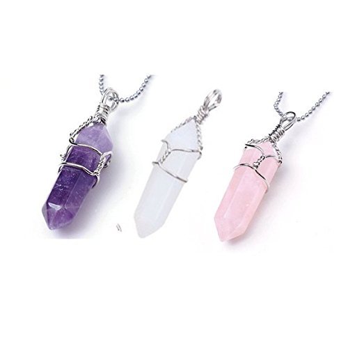 3 Double Terminated 와이어 Wrapped Pendants One Each Amethyst Quartz Rose