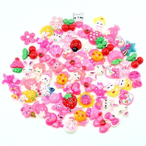 PUEEN 50pc Assorted Bows Cats Strawberry Lady Bug Ice Cream Cupcake Teddy Bear Floral Hearts Bunny Candy & More Flat Back Resin Cabochons 아트 핸드폰 Decorations-BH000739