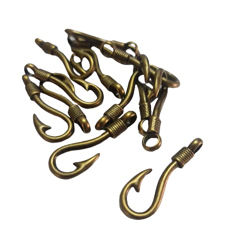 13 Fish Hook Charms Antique Bronze Coiled End Large Hole Fishing Pendants 13x37 CB090