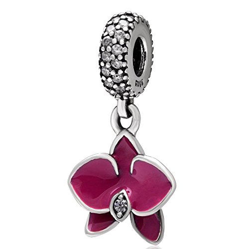 Flower Charm with Transparent Cz Stone and Fuschia Enamel 925 Sterling Silver Orchid Pendant Dangle Charm for Bracelet