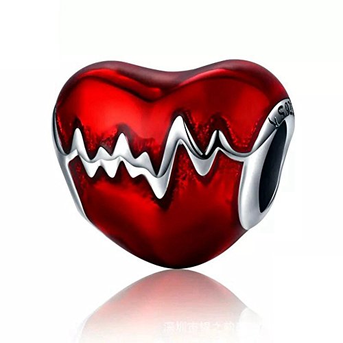 ABAOLA 925 Sterling Silver Heartbeat Charm Bead Red Enamel Love Heart Charm Love Valentines Day Gift