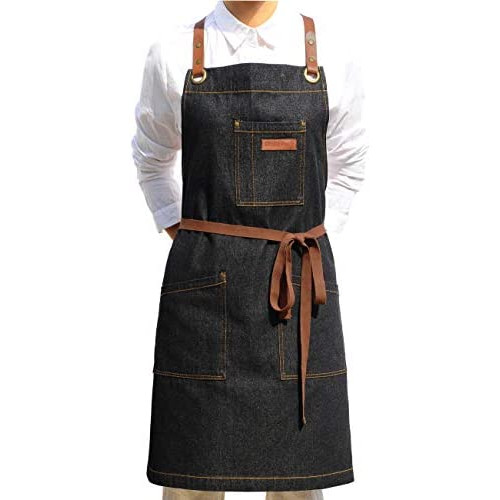 DingSay Trendy Apron Convenient Pockets Men 여성 프로페셔널 Chef Grill BBQ Cooking Hairstylist Painting 가죽 Cross Back Straps & 조절되는 S XXL Gray Cotton