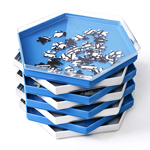 Becko Stackable 퍼즐 Sorting Trays 직소 Sorters Lid Accessory Up 1500 피스 8 Hexagonal White Blue