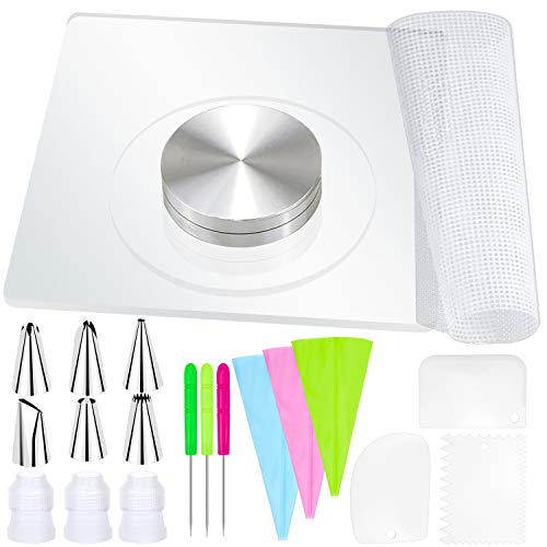 SelfTek Revolving Decorating Cookie Sugar icing Turntable Cupcake Rotating Stand 19Pcs Supply Tools - Thicker,Acrylic,Square 5.9 x inch Perfect Christmas Present Gift