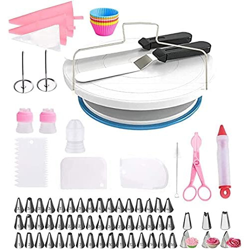 Cake Decorating kit - Turntable 10 inch Board,2 Icing Spatula 3 Scrapers,Cake Brush,Cake Flower Lifter,Cake Pen,3 Pastry Bags 24 스테인레스 Tip 6 Piping Couplers