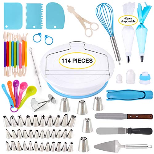 114 Pieces Cake Decorating Supplies Kit Beginners Cupcake Tools Baking 세트 어린이 성인 Turntable Stands Piping Tips & Bags Icing Smoother Spatulas
