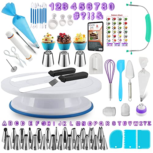 174 PCs Cake Decorating Supplies Kit Beginners-1 Turntable stand- server & knife set-48 Numbered Easy use icing tips pattern chart E.Book-7 Russian Piping nozzles -2 Spatulas