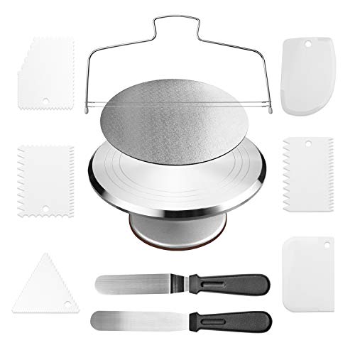 Miecux Cake Decorating Supplies Stand Aluminium Revolving Turntable - 12 Rotating 2 Angled Icing Spatulas 6 Comb Smoother Leveler,Cake Board