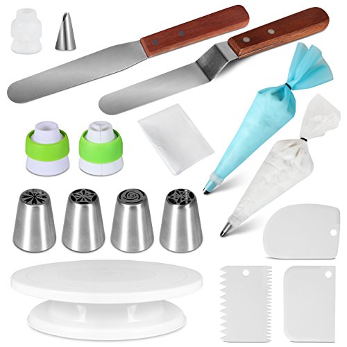 Cake Decorating Supplies Kit Masmatic 25PCS 세트 1 Turntable 4 Russian Piping Tips 2 Tip Couplers Leaf Coupler Spatulas 3 Smoothers 11 Pastry bags