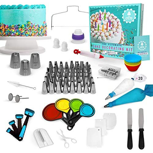 NEW 110pc Ultimate Cake Decorating Supplies Kit Rotating Turntable,48 Piping Tips 3-Russian Nozzles Bags,Baking Supplies,Cupcake Kit,Icing Tips,Decorating Tools