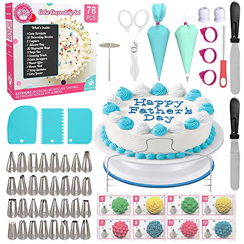 Cake Decorating Kit Turntable - 78 pcs Baking 세트 Stand Tools Rotating Tips Piping Sets Icing