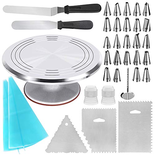 Kootek 35-in-1 Cake Decorating Supplies Aluminium Alloy Revolving Turntable 24 Piping Tips 2 Frosting Spatula 3 Icing Comb Reusable Pastry Bags Couplers 1 Flower Nail