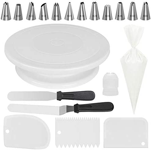 Kootek All-In-One Cake Decorating Kit Supplies Revolving Turntable 12 Tips 2 Icing Spatula 3 Smoother 50 Disposable Pastry Bags 1 Coupler Baking 세트 White