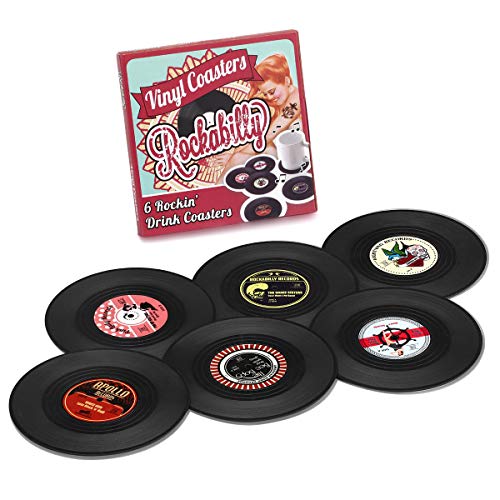 MECOWON Coasters Vinyl Record Disk Coaster for DrinksSet of 6 Rockabilly Vinyl Coaster Set with Funny Labels Protect Furniture From Water Marks & Damage