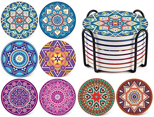 LIFVER 8 Pieces Mandala Absorbent Coasters for Drinks - 8 mandala style patterns - Come with Cork Base and Holder - Colorful Coaster Set for Housewarming Gifts Home Decor Bar Decor