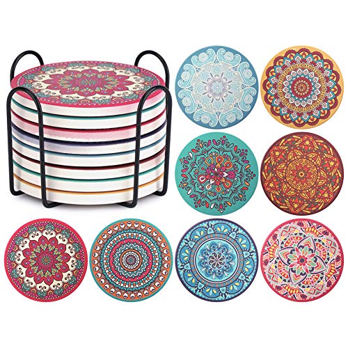 ChefBee 세트 8 Coaster Drinks - Absorbent Mandala Ceramic Coasters Cork Base 메탈 Holder Stone Perfect 선물세트 생일 Housewarming