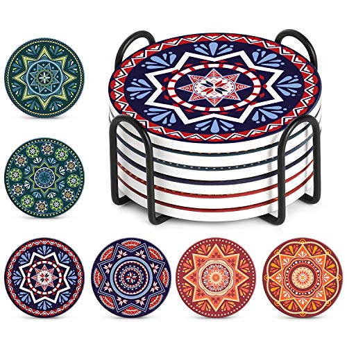 LIFVER Drink Coasters with Holder, Absorbent Coaster Sets of 6,Mandala Style Ceramic Coaster with Cork Base for Tabletop Protection,Cool Home Decor - Christmas Decorations, 4 Inches