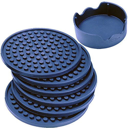 Enkore Drink Coasters Silicone Set of 6 (Dark Indigo) With Holder - Stay Put With No Slipping, Large Size Deep Condensation Trap - Friendly to All Table Types and Kid Safe