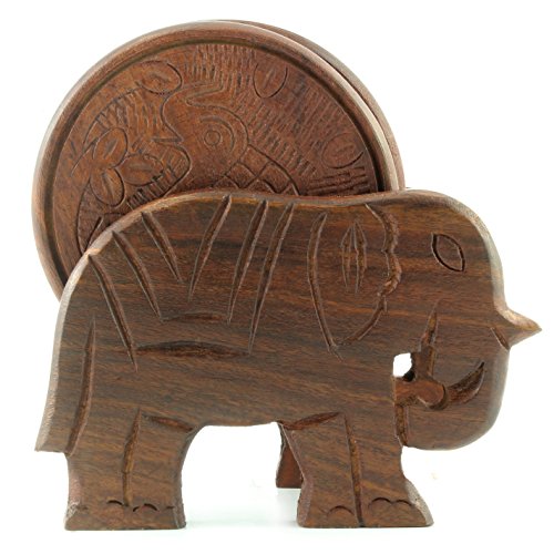 Cornucopia Elephant Design Wooden Coasters with Holder - Set of 6, Handcrafted in India. Great Gifts for Any Occasion, Birthdays, Holidays, Housewarming, Business, Fathers Day and Mothers Day.