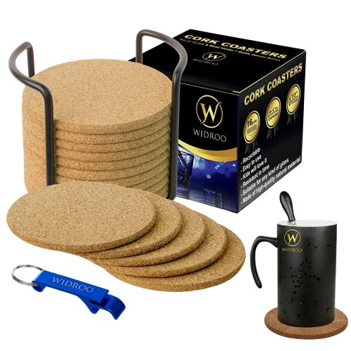 Cork Coasters Round for Drinks with Holder &ndash Premium Set 16 pcs 4" Thick 1/5" &ndash Perfect to Protect Your Furniture Heat Resistant Moisture Absorbent &ndash Best for Cold Drinks Wine Glasses Cups &