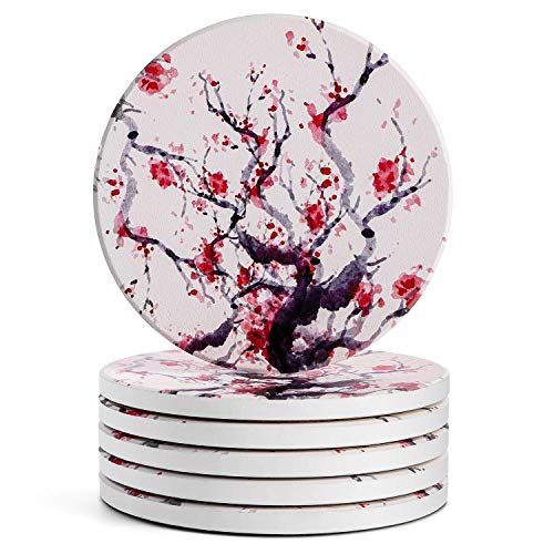 LIFVER Coasters for Drinks 6 Piece Absorbent Drink Coasters Sets Absorbent Coasters with Cork for Housewarming Gifts for Home Decor Suitable for Kinds of Cups 4 Inches Cherry Style