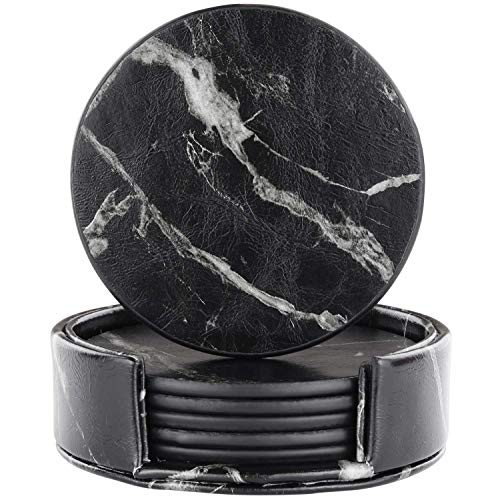 Leather Coasters with Holder Set of 6Black Marble Coasters for DrinksFunny Housewarming GiftRound Cup Mat Pad for Home and Kitchen