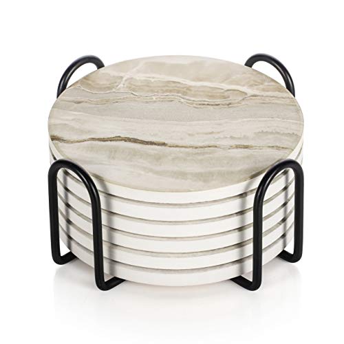LIFVER Drink Coasters with Holder Marble Style Absorbent Coaster Sets Avoid Furniture Being Scratched and Soiled Suitable for Kinds of Cups 4 Inches Set of 6