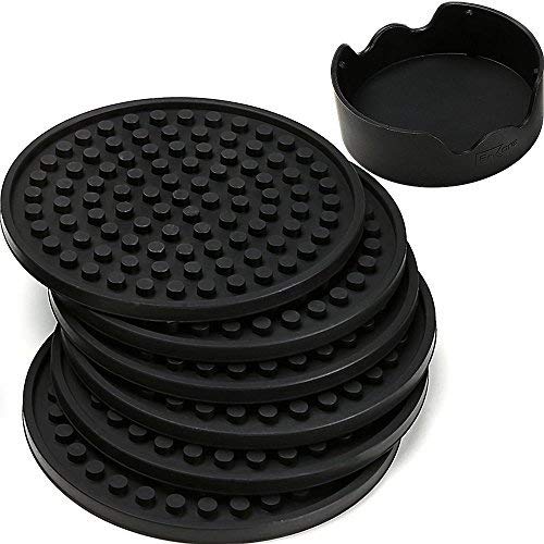 Enkore Coasters 세트 6 Holder - Protect Furniture From Water Marks & Damage Good Grip 딥 Tray Large 4.3 inch Size Black