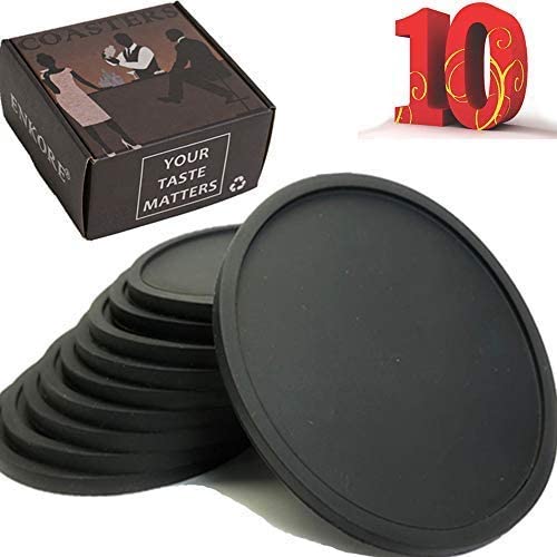 Drink Coasters Set of 10 Super Value Pack in Gift Box Holder Spill Protection For Table of Wood Granite or Marble Stone Surface Durable and Non Slip Silicone Coaster Fit Common Size Drinking Glass