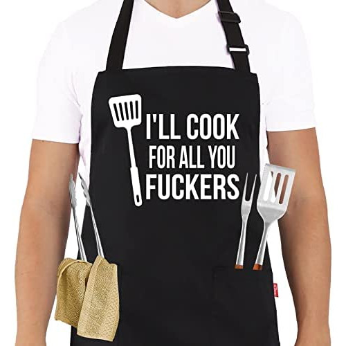 ALIPOBO BBQ Grill Aprons Men Chef 조절되는 Bib Apron 2 Pockets 40" Long Ties Kitchen Cooking Baking Gardening Black