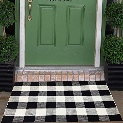 Cotton Buffalo Check Rugs Front Porch Rug Doormat 2 x 3 Plaid Outdoor Checkered Throw 매트 White Farmhouse Door Mat Washable Woven 23.6&quotx35.4" Black