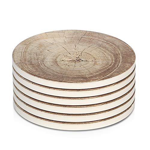 LIFVER 6 Pieces Ceramic Drink Coasters Absorbent Stone Coaster Set Timber Texture Pattern
