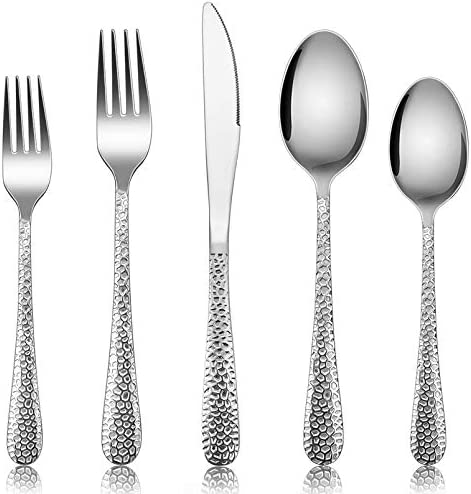 Hammered Silverware 세트 8 E-far 40-Piece 스테인레스 스틸 Flatware Cutlery Includes Knives Forks Spoons Modern 디자인 & Mirror Polished - Dishwasher Safe
