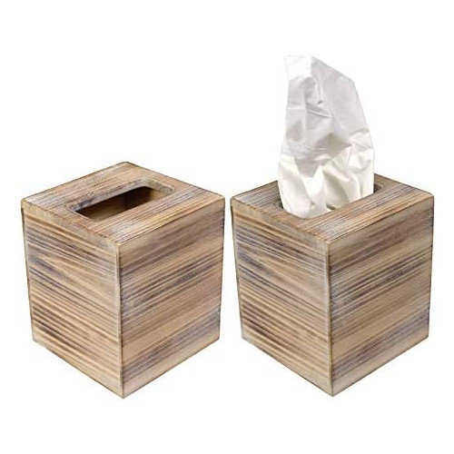 Excello Global Products Rustic Torched Barnwood Tissue Box 커버 Cube Includes Slide-Out Bottom Panel. Perfect Farmhouse Bathroom Decor팩 2