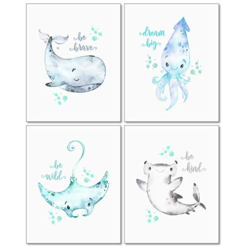 Confetti Fox Sea Nursery Pictures Wall Art Decor - 8x10 Unframed Set of 4 Prints - Kids Ocean Life Baby Animals - Whale Octopus Stingray Shark
