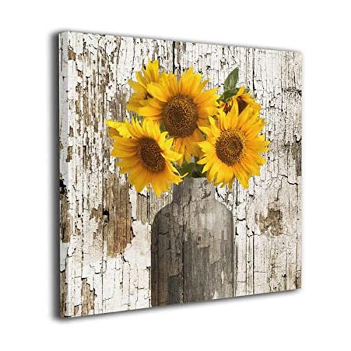 Lureu Rustic Yellow Sunflower in Vase Farmhouse Cottage Countryside Canvas Wall Art Prints,Framed Picture Photo Painting Giclee Artwork,Modern Gallery Home Decor Ready to Hang 16X20