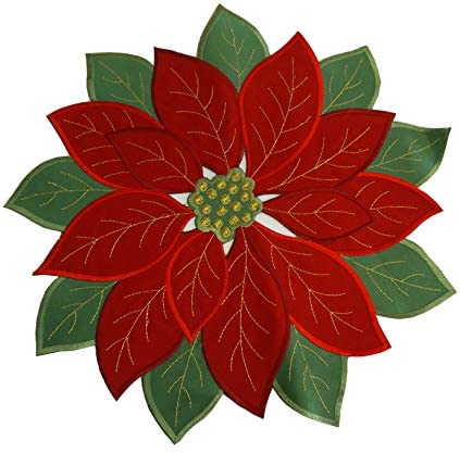 Holiday Christmas Applique Poinsettia Red Green Embroidered Christmas Flower Table Runner for Home Dinner Xmas Table Top Decorations14"×71"36×180cm